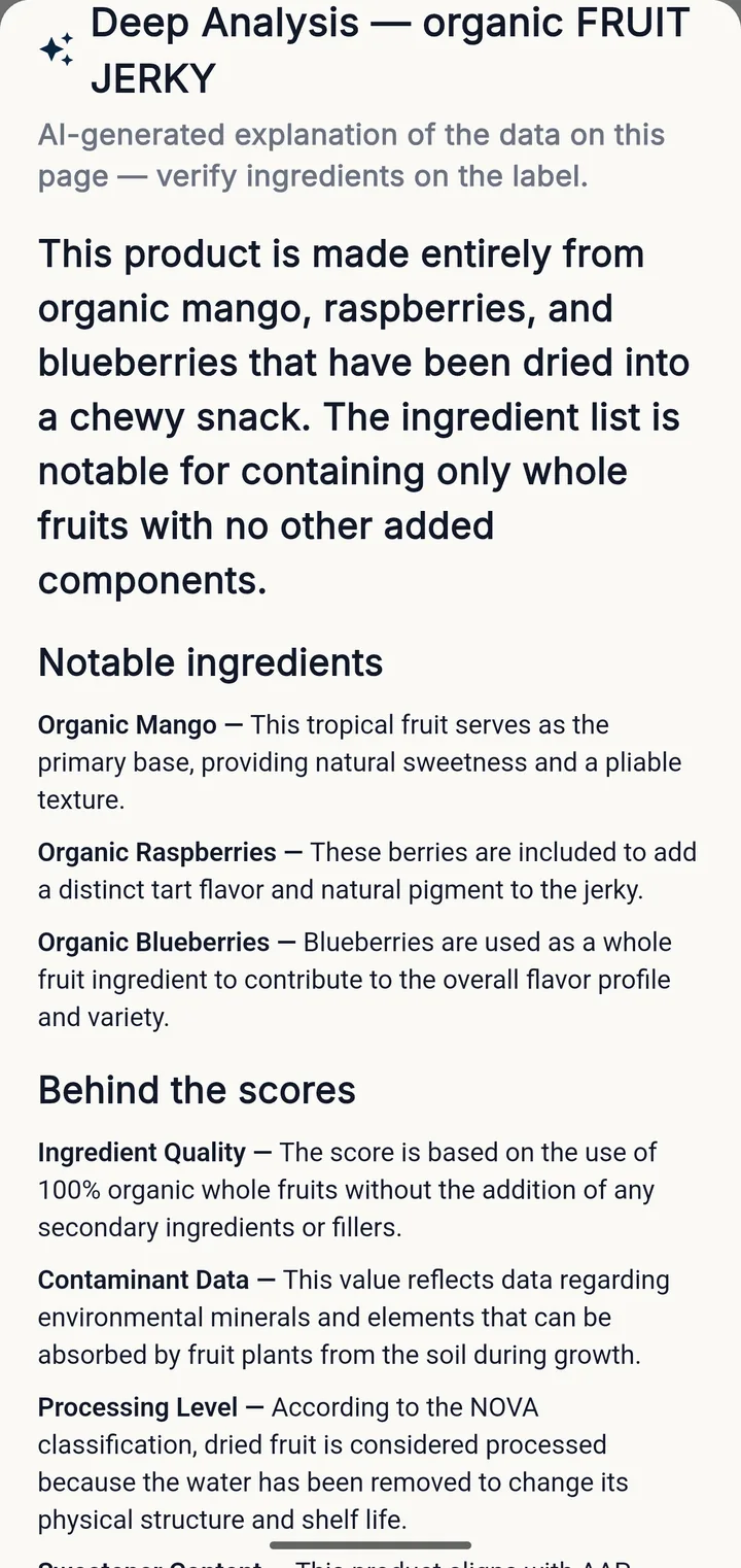 Deep Analysis screen explaining each ingredient in plain language