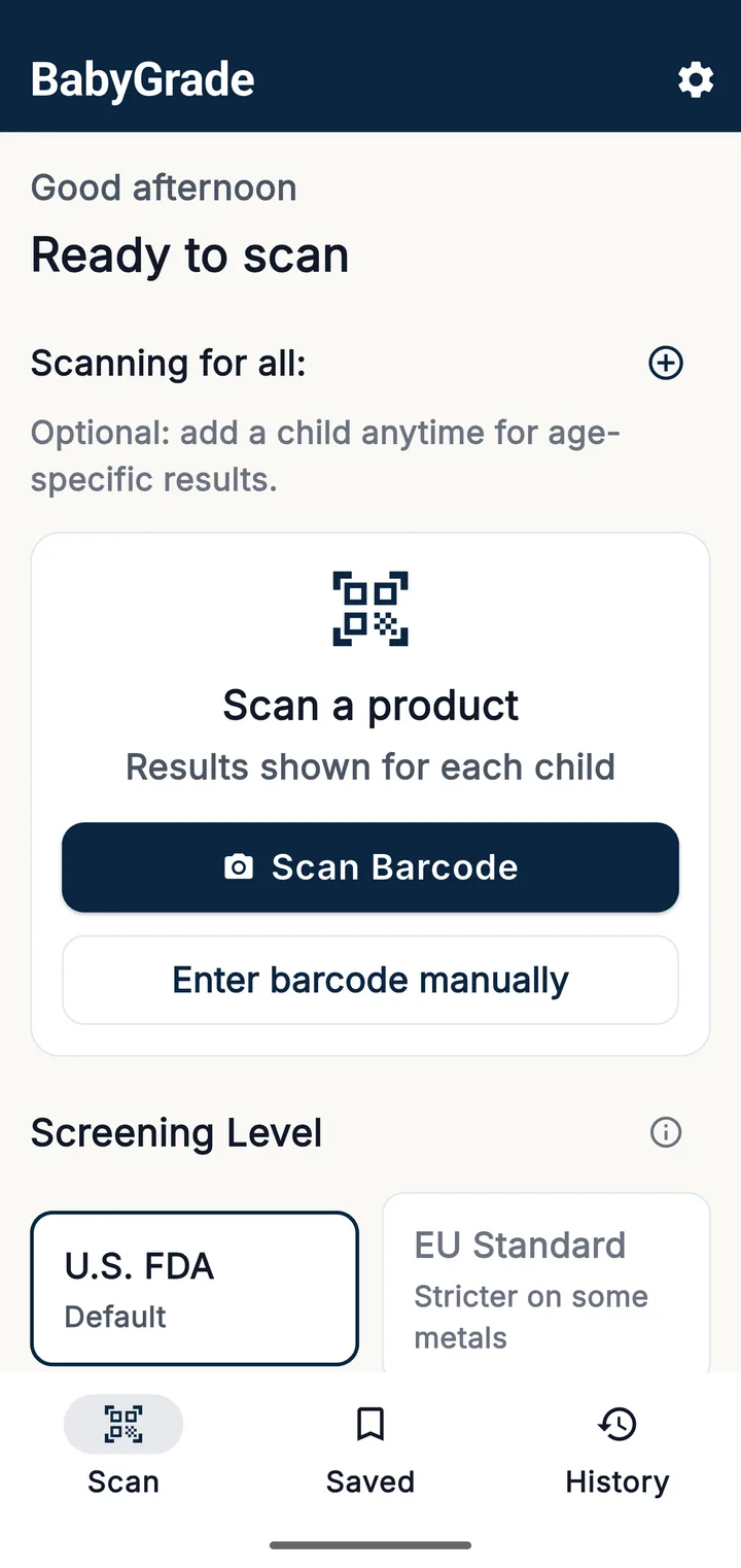 BabyGrade home screen, ready to scan a barcode